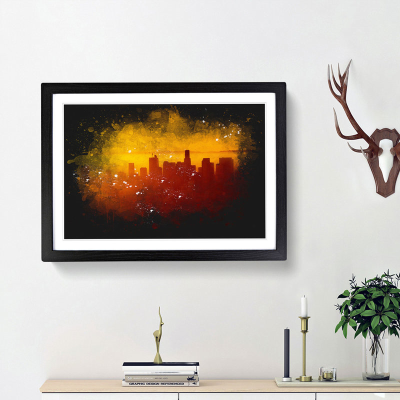 Downtown Los Angeles At Sunset Paint Splash - Picture Frame Graphic Art, 62cm H x 87cm W x 2cm D, Black Framed