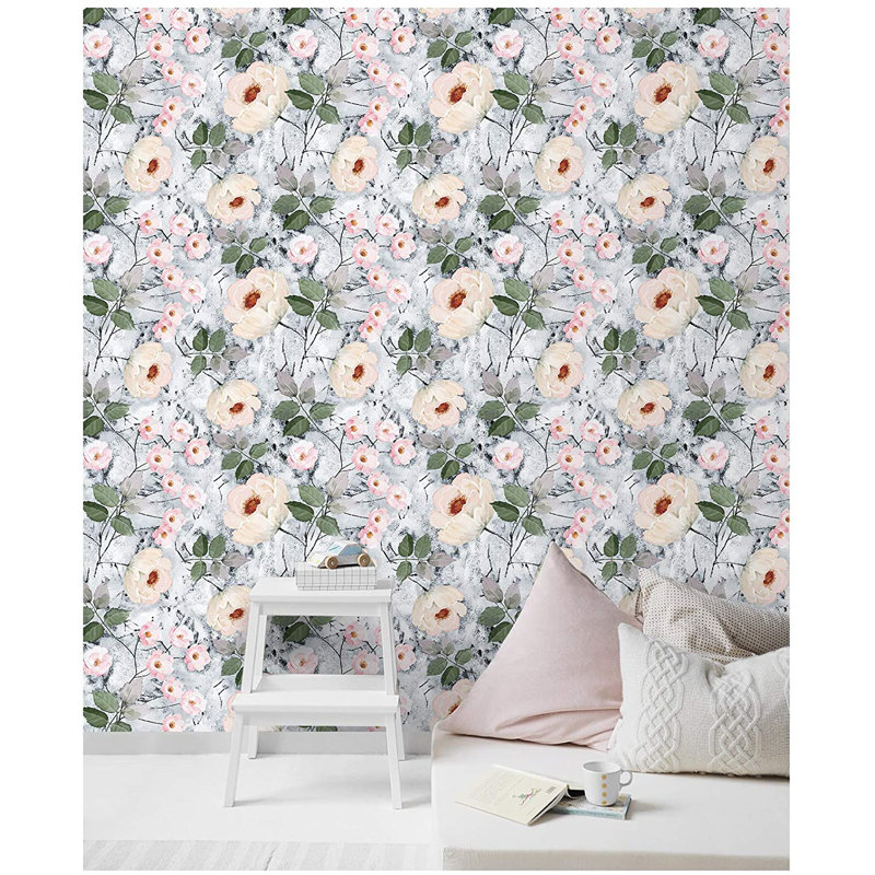 Red Barrel Studio® 93032 - Papier peint adhésif auto-adhésif à motif floral en vinyle autocollant gris / noir / rose 17,7 po x 9,8 pi