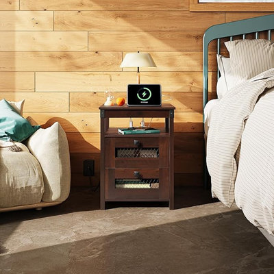 Nightstand With Charging Station, Farmhouse End Table, Side Table With 2 Storage Drawers And Open Shelf, Wood Rustic Nightstands For Living Room, Bedr