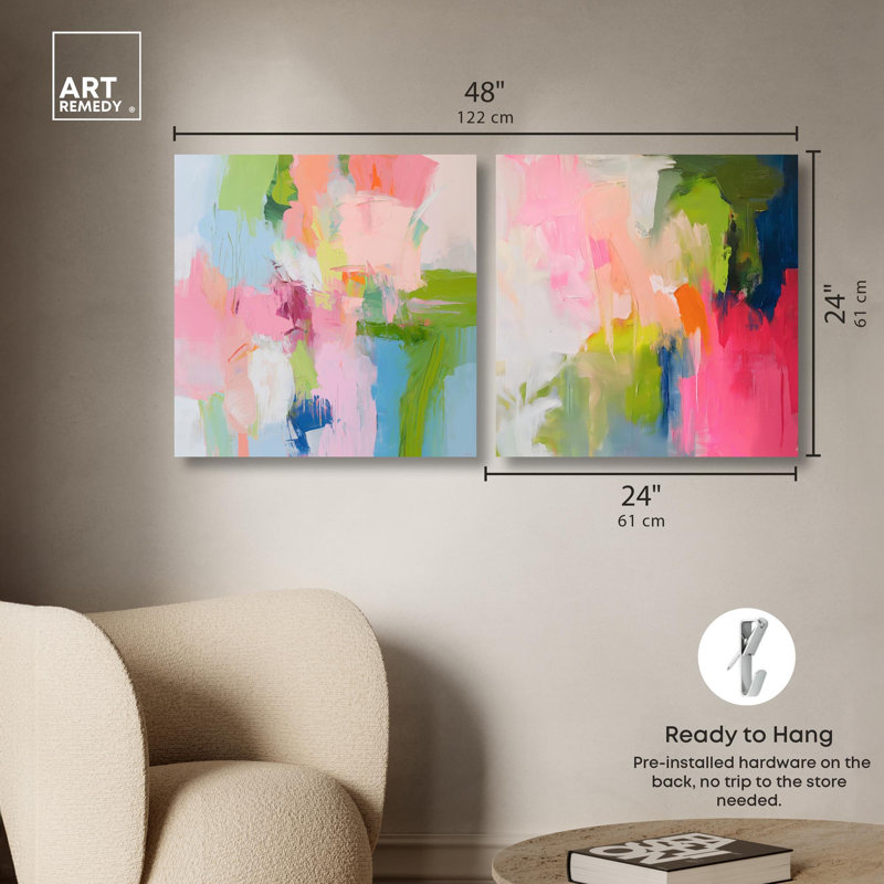 Energetic Abstract Duo Canvas Print Sunset Wall Art Set by Art Remedy, Black Frame, 12 x 12, 24" H x 24" W, Gallery Wrapped