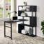 Table de coin en L pour bureau à domicile, rotative avec bibliothèque à 5 niveaux, quatre méthodes d'installation, roulettes verrouillables