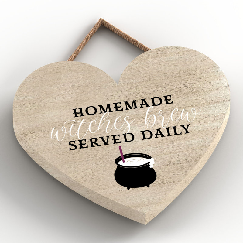 Homemade Witches Brew Wooden Heart Plaque, 10cm H x 9cm W x 0.5cm D