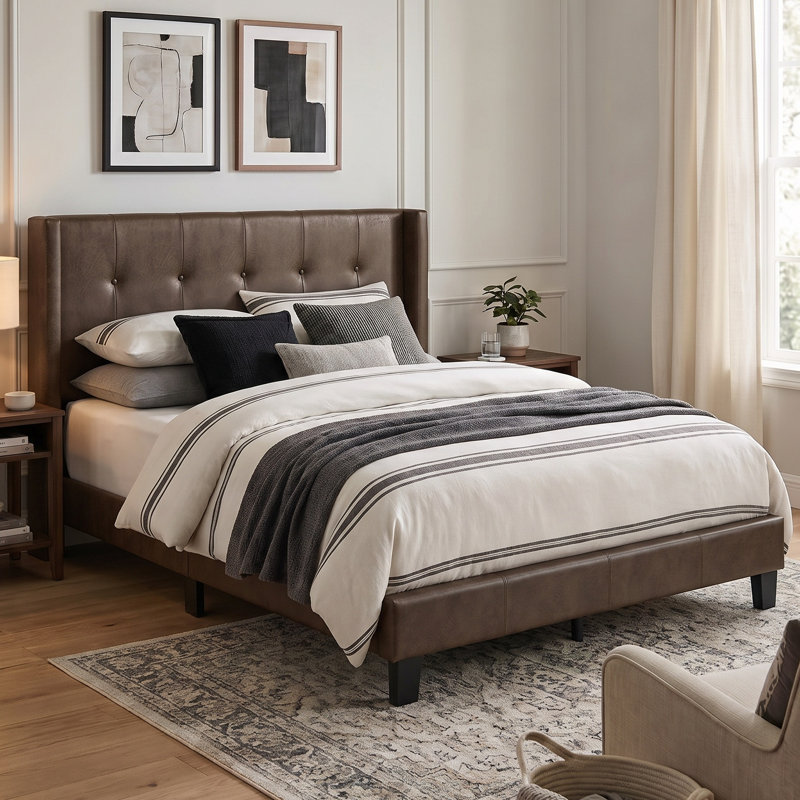 Arshaun Upholstered Faux Leather Wingback Bed, Twin, Brown