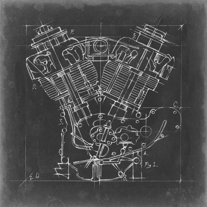 Plan du moteur de la moto I, H 12 po x l 12 po x P 1,25 po