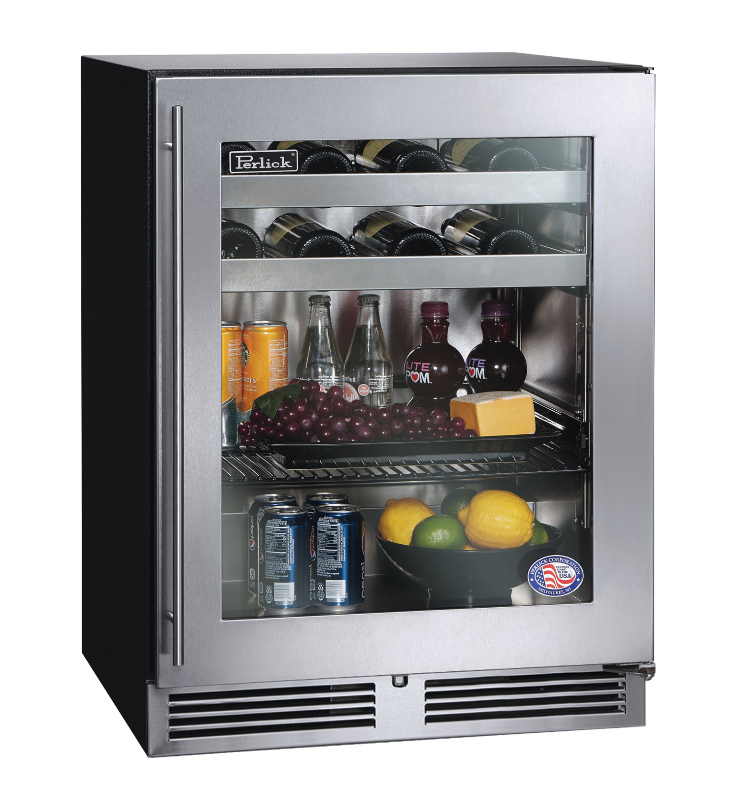Perlick 23.88'' W Freestanding 62 Cans (12 oz.) 4.8 Cubic Feet Beverage Cooler with Wine Storage and Glass Door — FIN-0014622 | Fridge.com