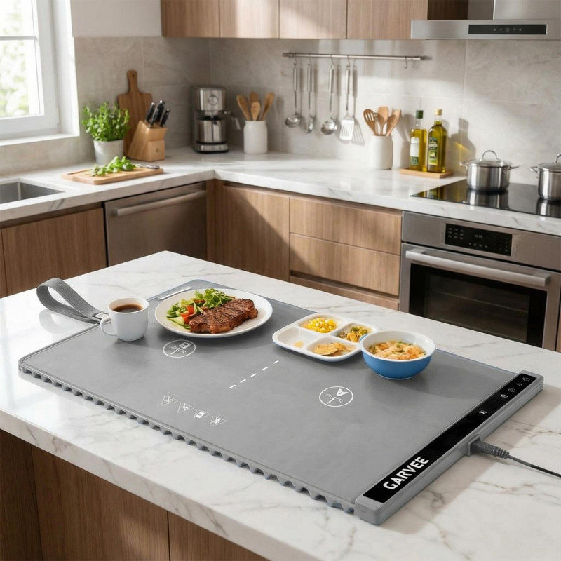 2-Zone Heating Food Mat 24"x15", Rollable Warming Mat with 6 Temp Settings & Timer for Meals, Gray