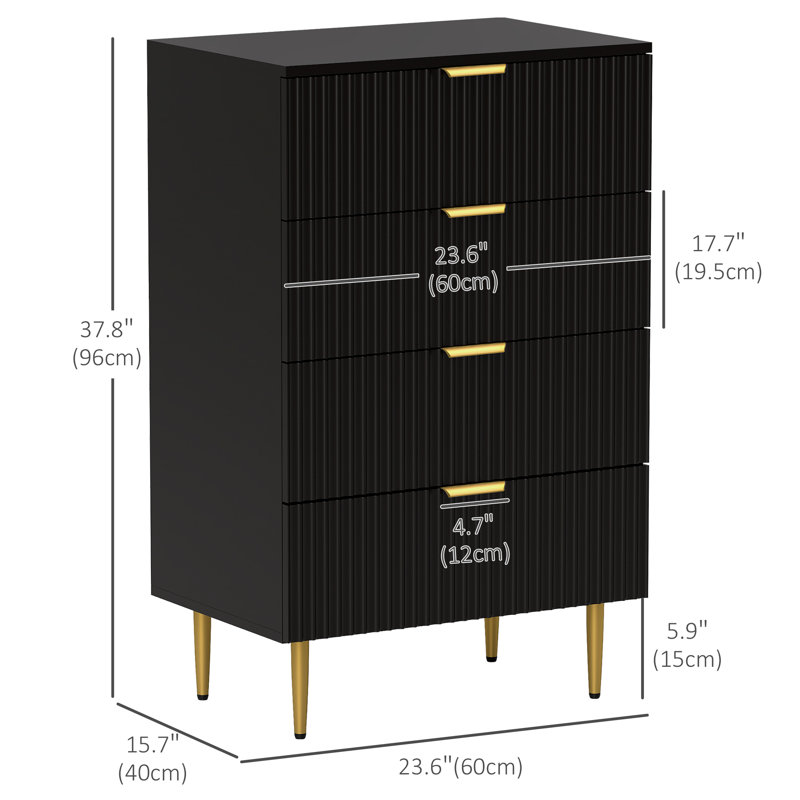 Commode 4 tiroirs pour commode de chambre à coucher Poignées et pieds dorés, Noir, noir, noir, noir