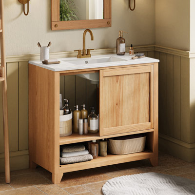 36" Bathroom Vanity with Ceramic Sink, Bathroom Cabinet with Drawers, Solid Wood Legs, Soft-close Slides