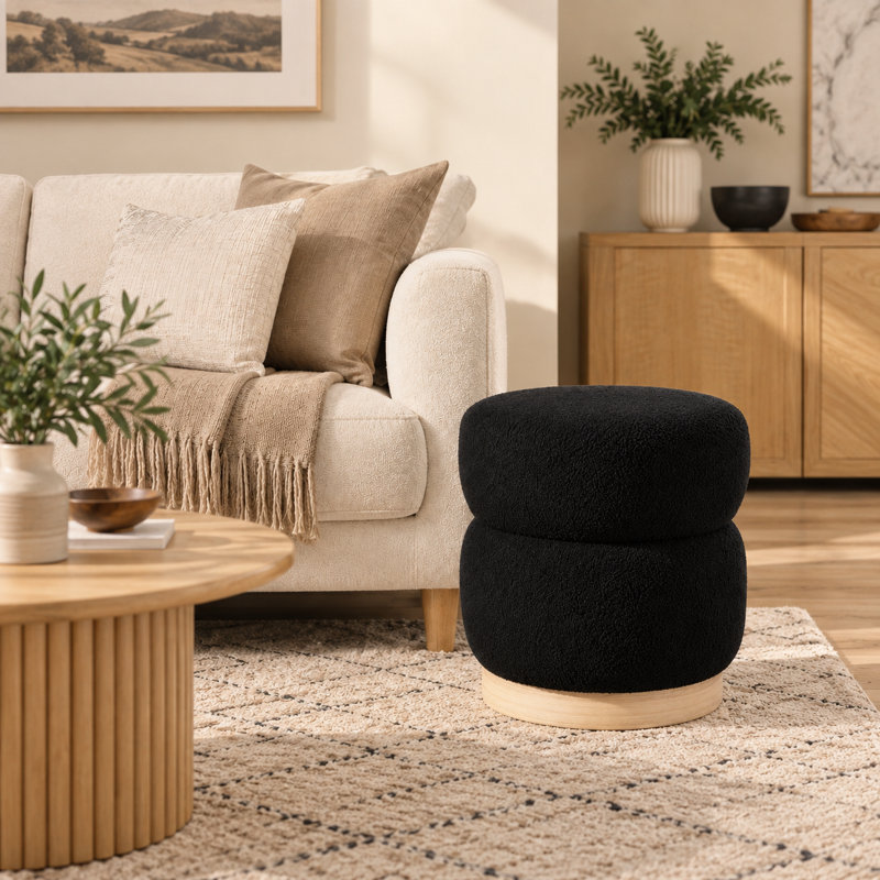 Round Upholstered Ottoman Stool, Black Teddy
