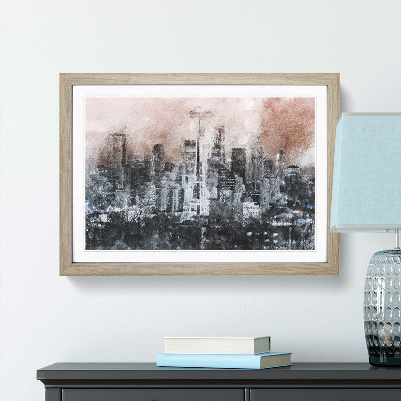 Seattle Washington Skyline in Abstract - Picture Frame Painting Print, Oak Framed, 27cm H x 36cm W x 2cm D