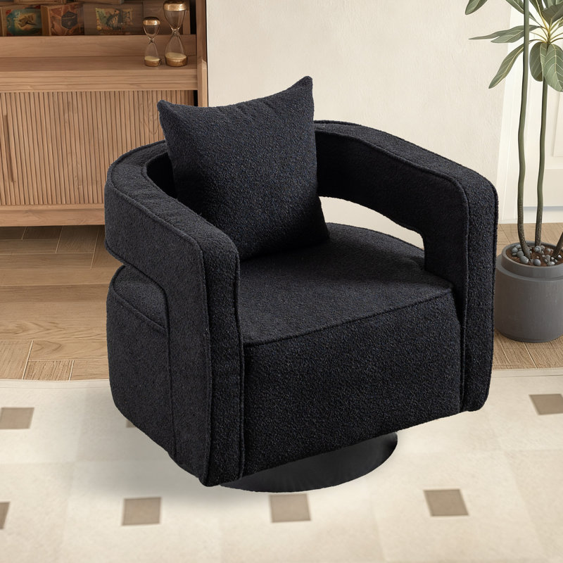 Fauteuil demi-tonneau moderne pivotant avec dossier ouvert, Bouclé noir