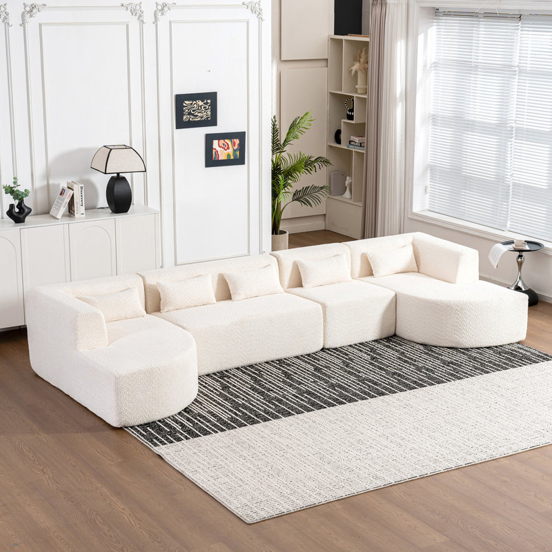 Canapé Boneless rembourré avec combinaison de deux méridiennes et cinq coussins de dossier, Polyester beige