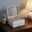 Boîte de rangement pour bijoux en nuage blanc et or de style moderne Cloud, tiroir double à trois couches avec couvercle en verre, quincaillerie en métal brillant, 8,1 x 9,2 x 5,4 pouces.