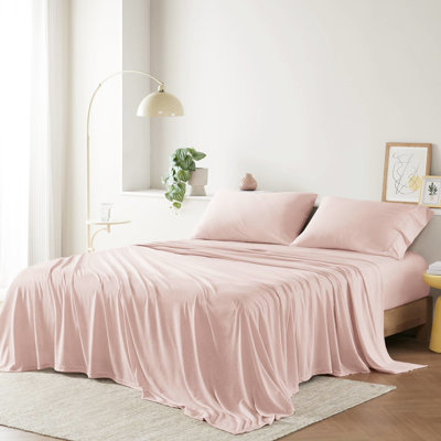 Drap simple en tricot TG - mélange de coton pour toutes les saisons, respirant et confortable, ajustement de matelas de 16 po, lavable à la machine, comprend des taies d'oreiller, ton rosé