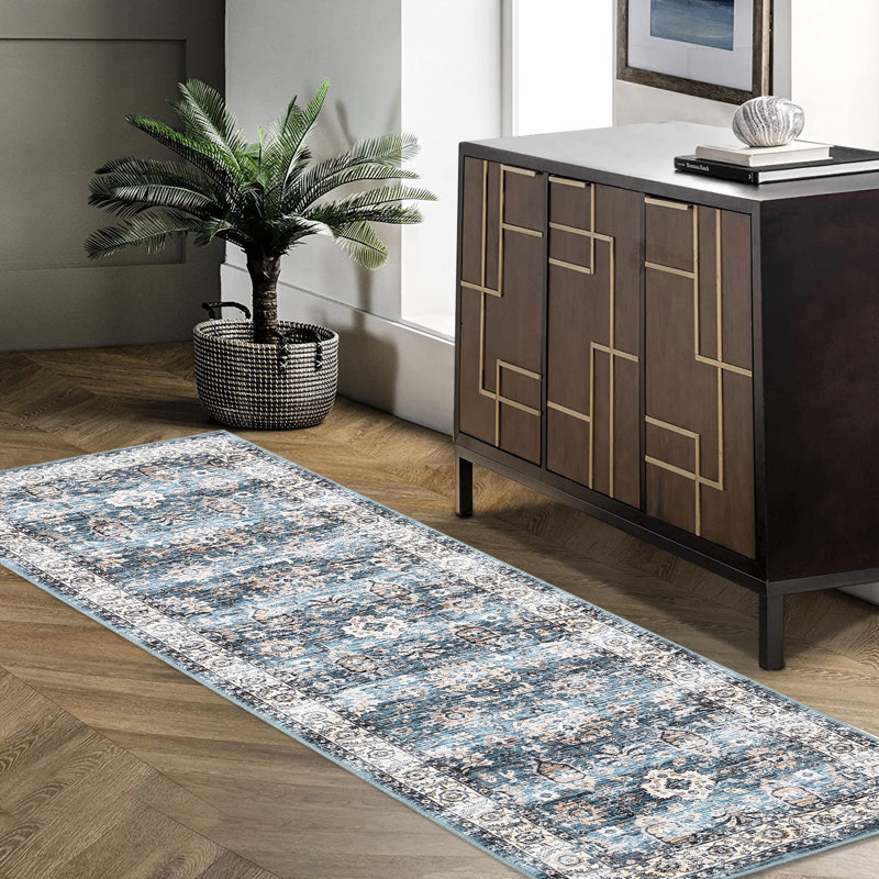 Bohemia Traditional Retro Floral Printed Distressed Rug Machine Washable Low Pile Soft Area Rug for Bedroom Non Slip Stain Resistant Erasable Durable Living Room Rug Hallway Rug Indoor Decor Floor Mat