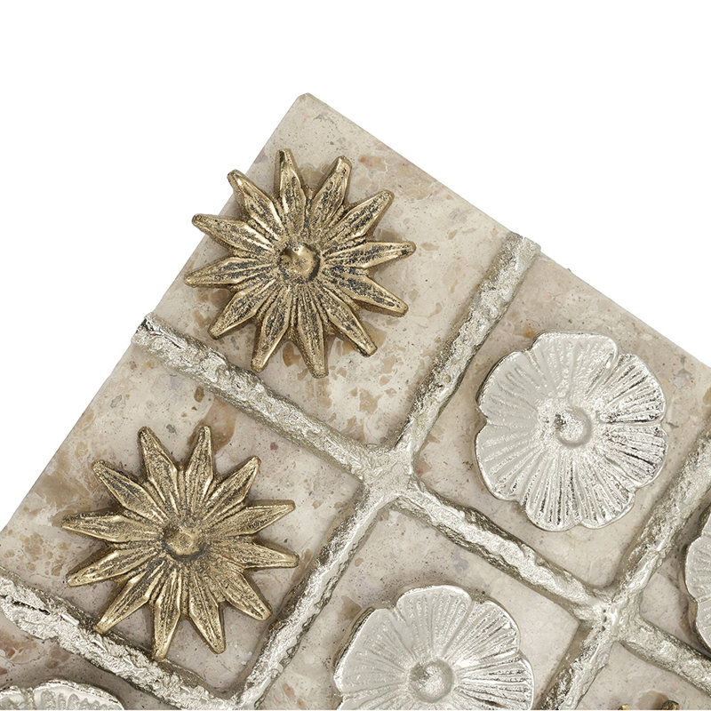 Jeu de 9 po Tic Tac Toe en marbre et aluminium avec pièces florales dorées et argentées