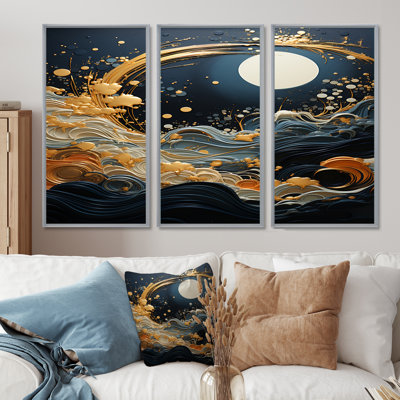 Wild Ocean Waves Under Magical Full Moon - Coastal Wall Art Decor Set