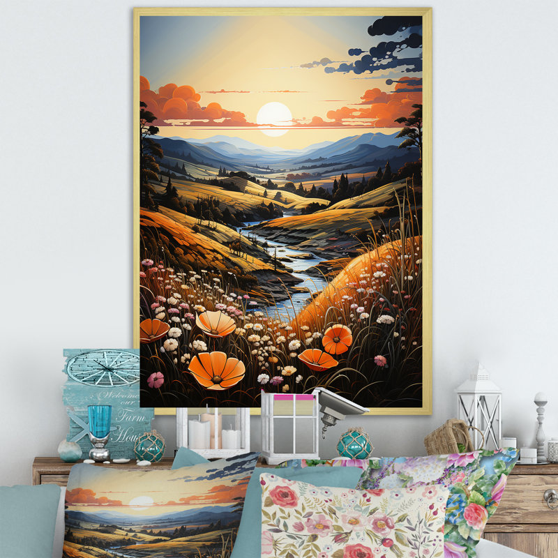 «Meadow Stream At Sunrise I», reproduction sur toile, Cadre doré simple, H 44 po x l 34 po x P 1,5 po
