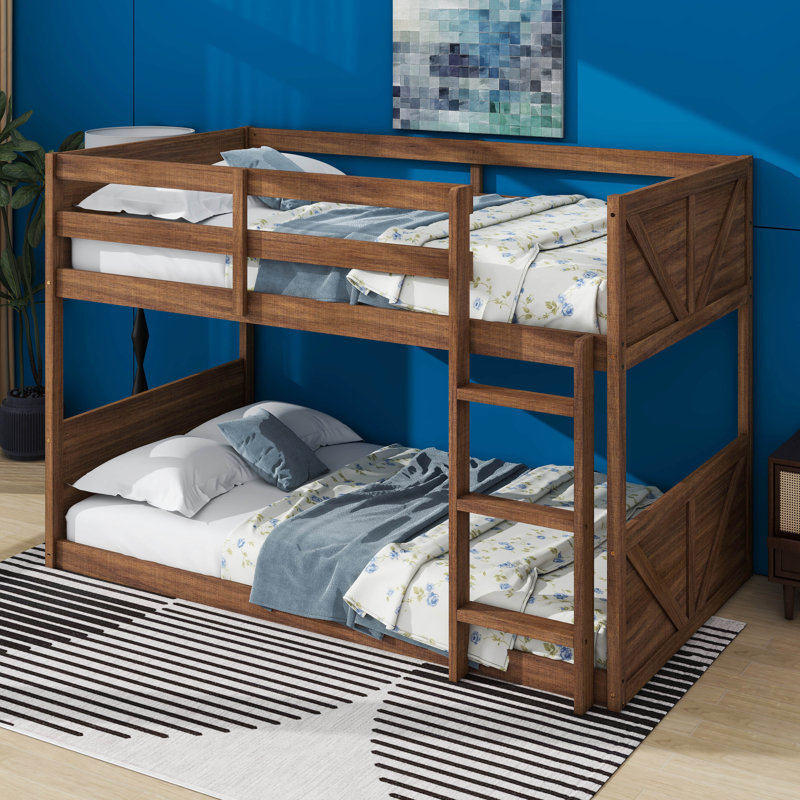 Twin Over Twin Floor Bunk Beds With Panelled Headboard And Footboard, Antique Oak