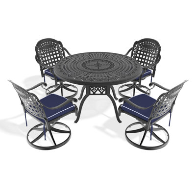 Salle à manger pour le jardin: chaises pivotantes et table ronde de 47,24 po, aluminium, confortable, cadre noir d'extérieur avec et météo, coussins confortables,