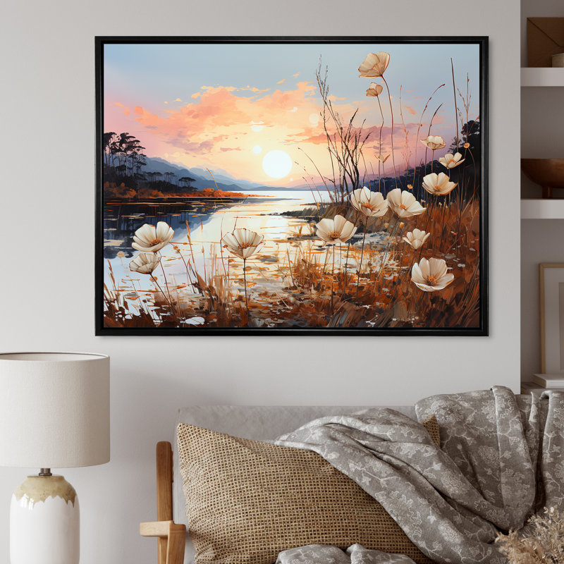 «Meadow Stream at Sunset», reproduction sur toile, Cadre flottant noir, H 30 po x l 40 po