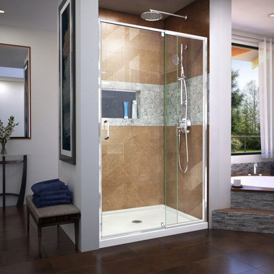 DreamLine Flex 32 inch D x 42 inch W x 74 3/4 inch H Semi-Frameless Pivot Shower Door in Brushed Nickel with Center Drain White Shower Base Kit