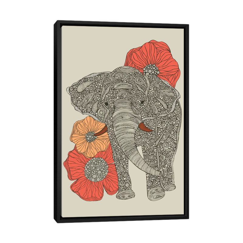 L’éléphant avec des fleurs, reproduction d’art sur toile tendue, H 48 po x l 32 po x P 1,5 po, Cadre noir