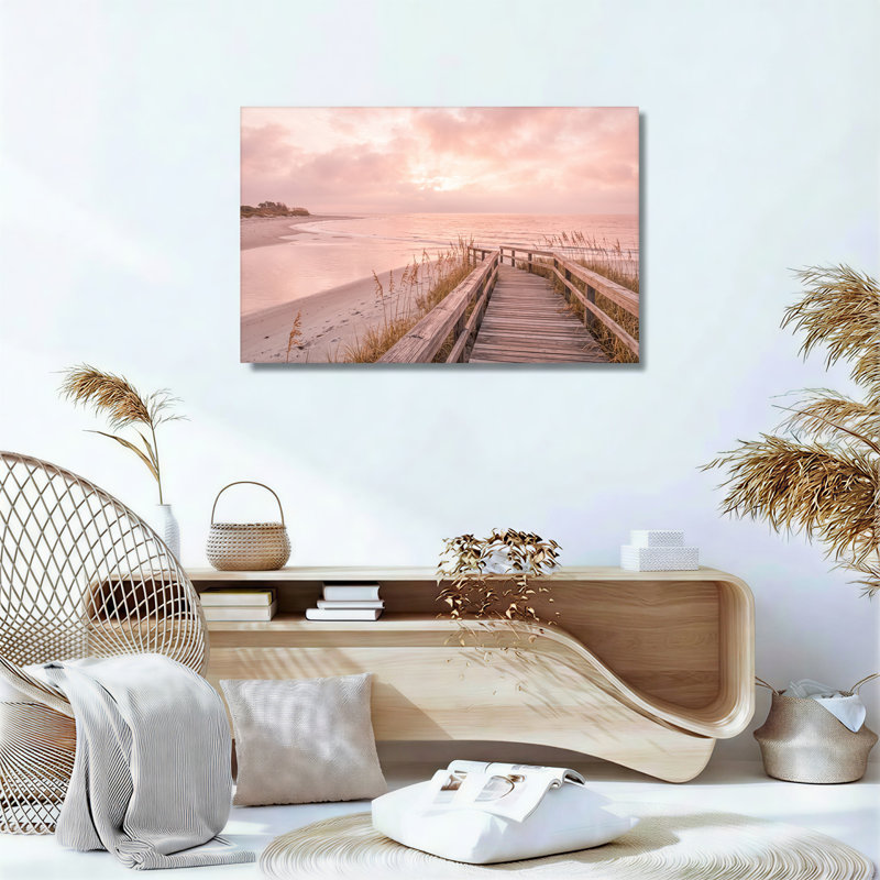 Toile en bois sur la plage de sable sous un ciel rose, H 12 po x l 18 po