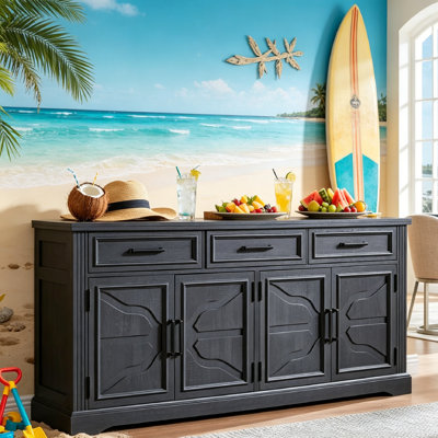 Buffet 66 po avec armoire de rangement 66 po Modern Farmhouse avec rangement, 3 tiroirs en relief et 4 portes, grande station de bar pour le salon et la cuisine.