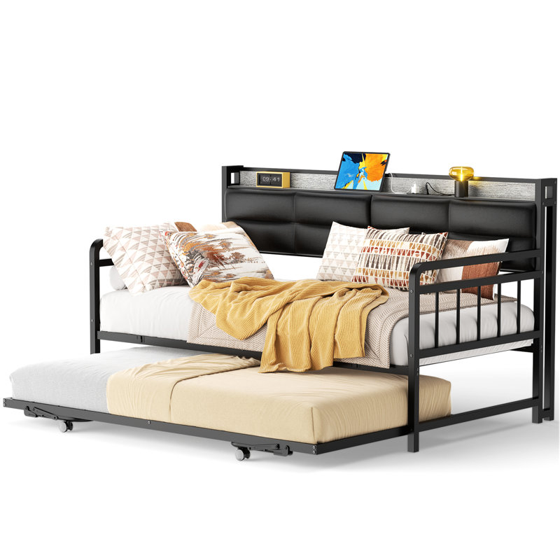 Lit de jour simple tapissier avec couchette et station de charge, Gris