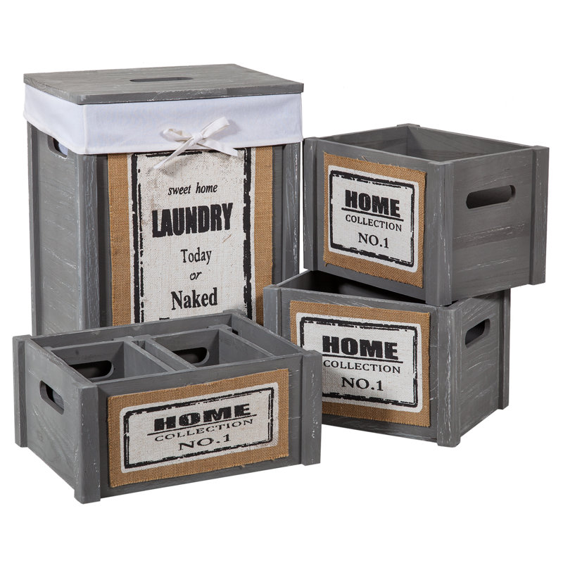 Wood Laundry Set with Handles, Grey