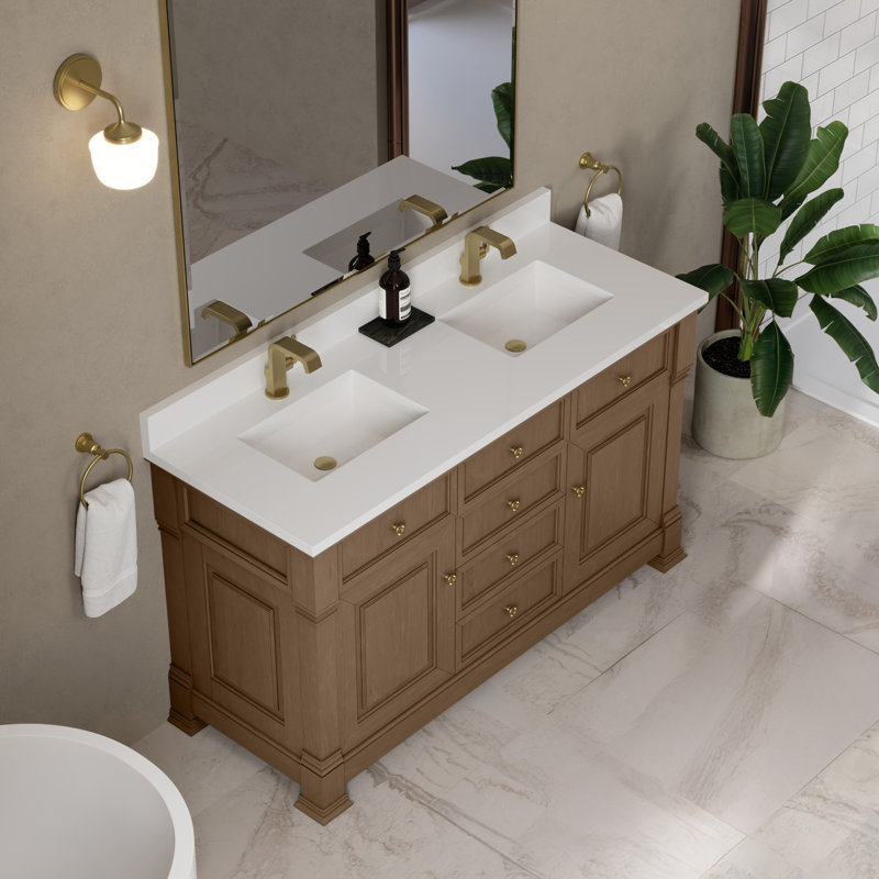 Brookfield 60'' W Double Vanity, Single Hole, Pecan, White Zeus
