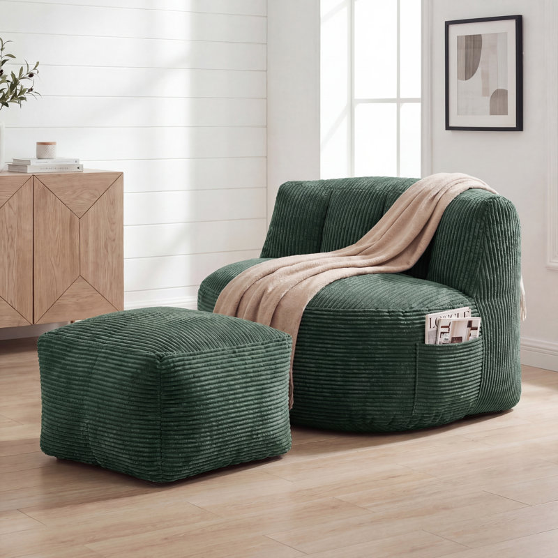 Oversized Adult Bean Bag Chair With Ottoman, Corduroy Fabric Lazy Sofa, Plump Shredded Foam Filled, Soft Fluffy & Portable, Back Support For Napping & Gaming