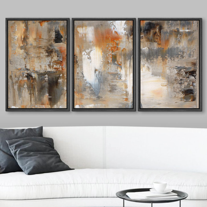 «Black, White and Orange Brushstrokes Abstract Shapes Chic Ultra on Canvas», reproduction de 3 pièces, H 36 po x l 72 po
