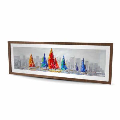 Colourful Boats Near Grey City - Coastal Framed Print Decor