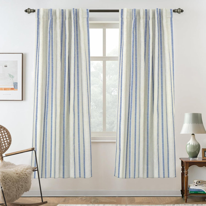 Blackout Curtain Pair, 52" W x 108" L, Red Stripe/Light Linen-Back Tab