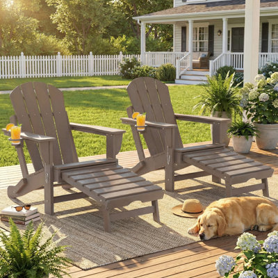 Chaise pliante Adirondack, ensemble de 2, foyer d'extérieur en PEHD avec repose-pieds rétractable, porte-gobelet et grand siège pour terrasse, jardin, cour, brun, bois