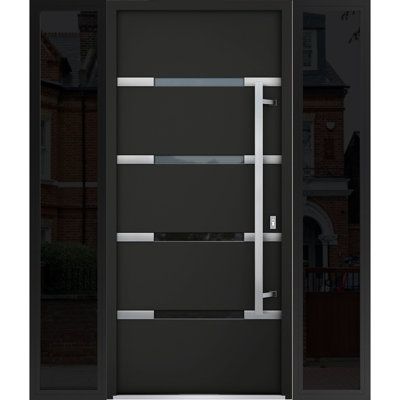 Façade avant porte en acier pré-suspendue deux fenêtres extérieures latérales en émail noir 1105 2 entrées latérales en acier inoxydable entrée métal peint moderne