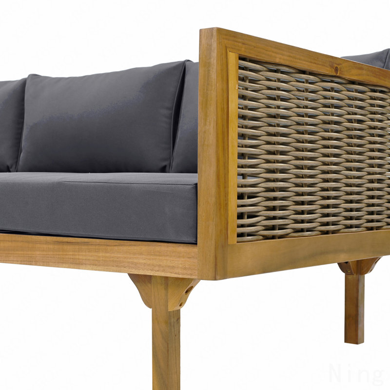 3 Seater Daybed With Arms, Cushion, Wood Build, Slat Panel Design On Seat And Back, Water- Cushioning, 24.03” Product Height, Assembly Required Outdoor , Base, Seating 31.39” D,