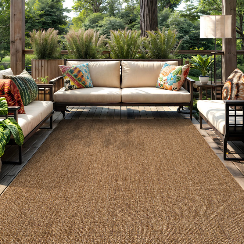Geometric Border Natural/Jute Easy-Care Indoor/Outdoor Flat Woven Area Rug, Rectangle 6'7" x 9', Natural