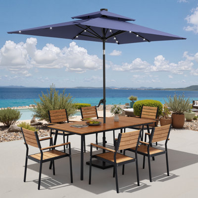 6-Person Aluminum Outdoor Dining Set with Stacking Chairs, Solar LED Light Umbrella and Weighted Base