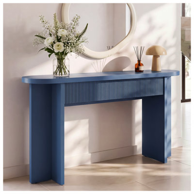 OMCHOM, console de style Mid-Century moderne de 55 pouces avec 2 tiroirs, canapé cannelé d'entrée bleu