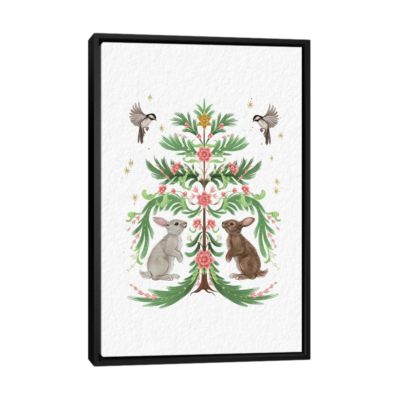 Christmas Tree Rabbits Light - reproduction d'art murale - toile encadrée, Noir, Impression encadrée sans passe-partout