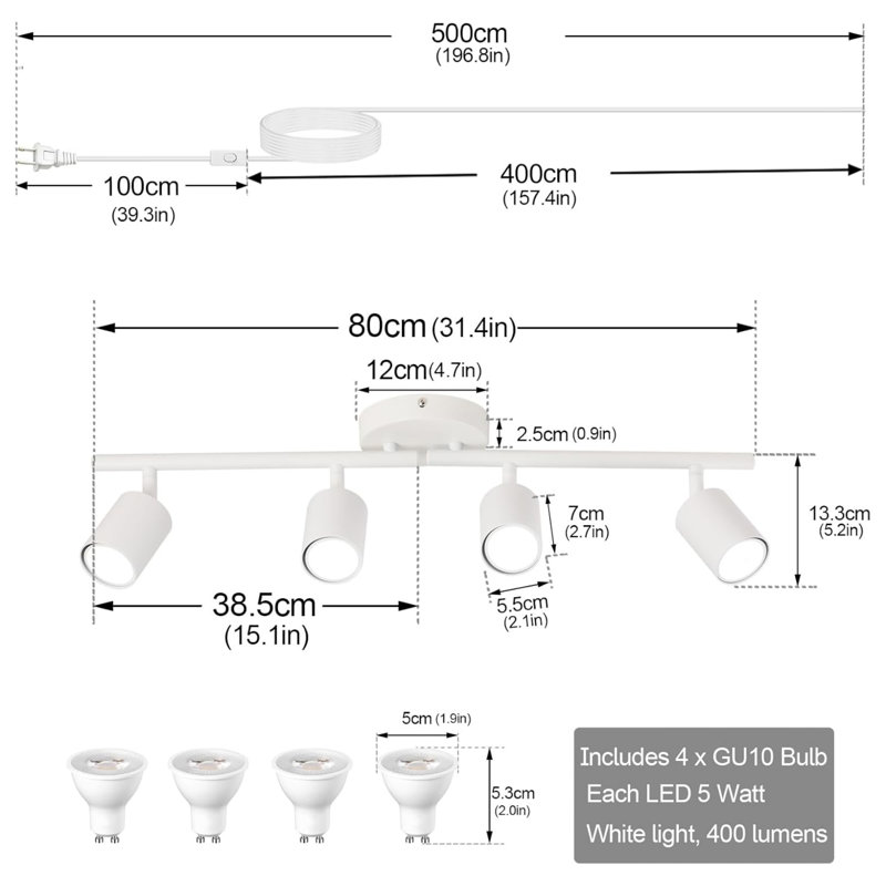 4-Light Plug-in Track Lighting Kit, 80cm LED, 16.4ft Cord, GU10 Bulbs, White