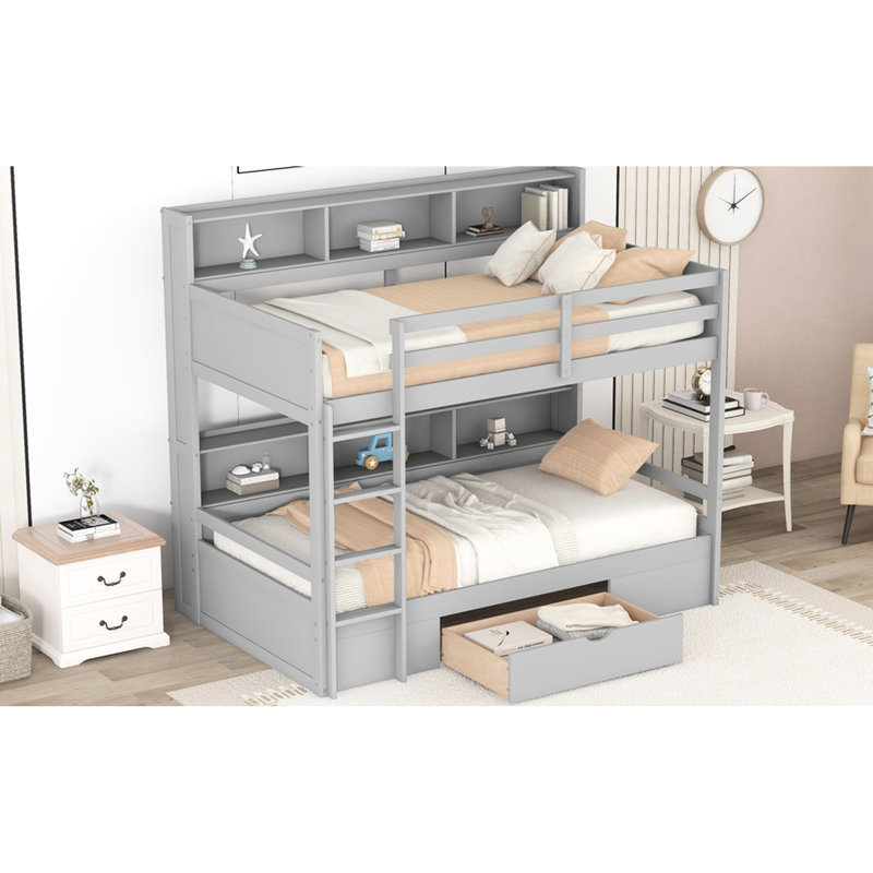 Gray Twin Bunk Bed With Practical Storage Features - Space Optimization Solution Functional Drawer Enhance Room Utility