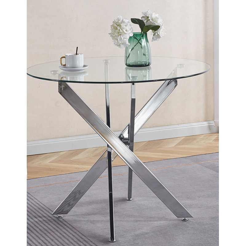 Table de salle à manger avec pieds croisés en métal et verre trempé, table de cuisine moderne pour le salon, pieds chromés