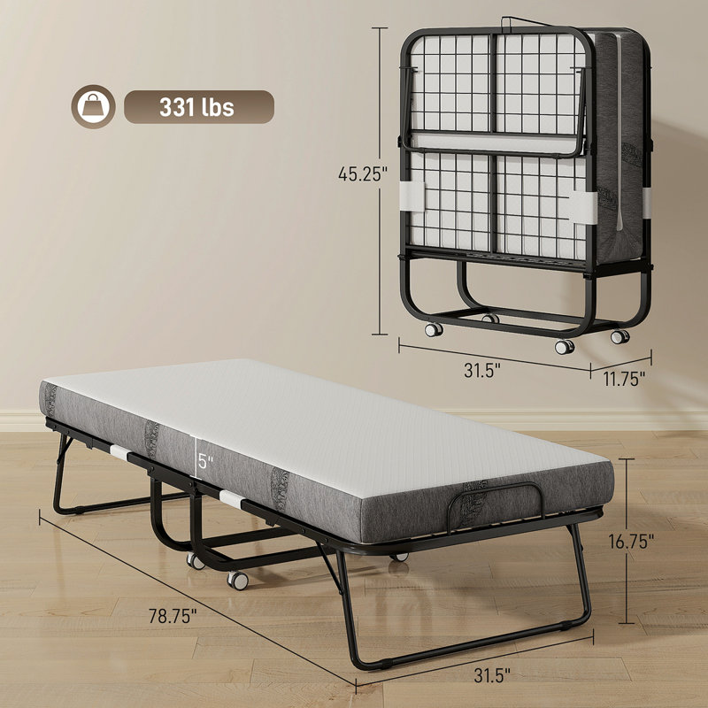 Folding Bed With Mattress For Adults, Single Size, Portable Foldable Bed With Memory Foam Mattress & Steel Frame