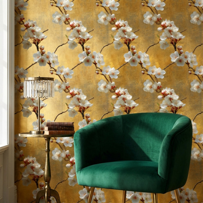 Papier peint floral, double rouleau mural amovible, fleurs dorées