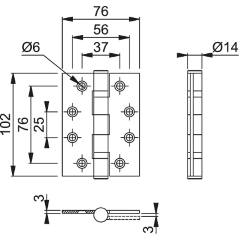 10.2cm H × 7.6cm W Butt Bearing Single Door Hinge, Silver