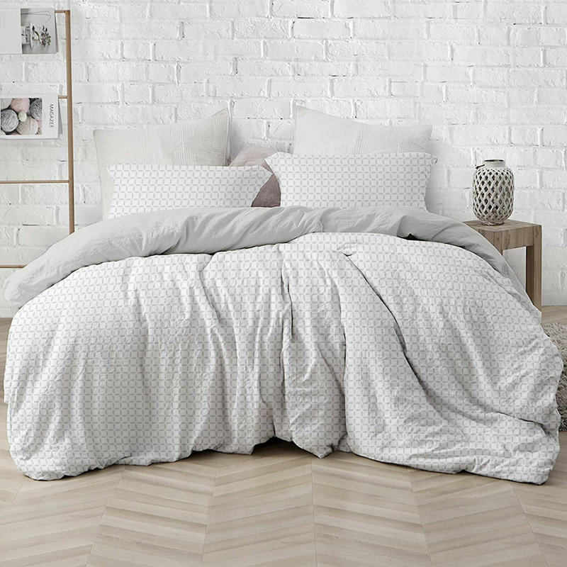 Ensemble de housse de couette et taie décorative réversible à carreaux en coton biologique certifié GOTS, blanc / gris
